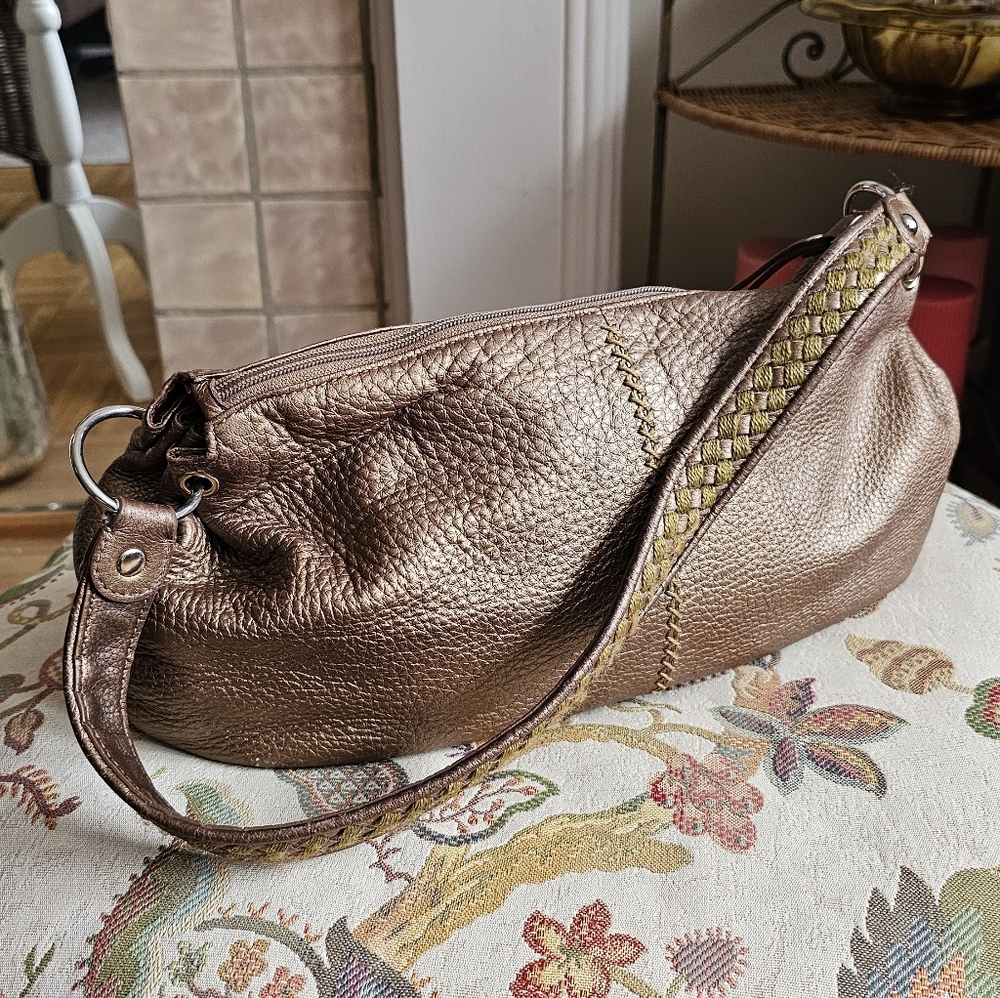 The Sak Pink Label Bronze Pebbled Leather Hobo Bag. 100% Cowhide Leather.